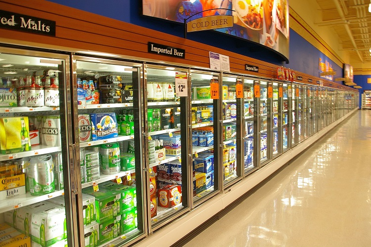 upright fridge with glass door