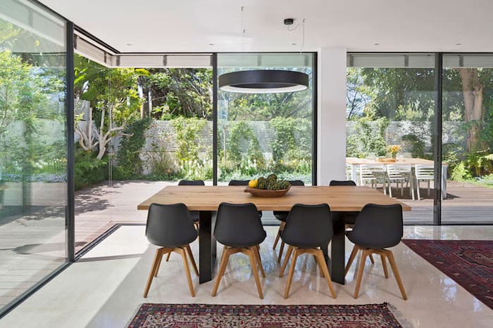 dining table and black metal lighting